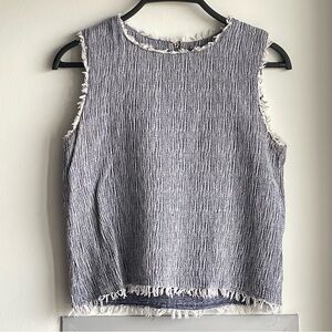 J.O.A. Textured Frayed Edge Tank Top - Cotton & Linen Blend in Blue and White